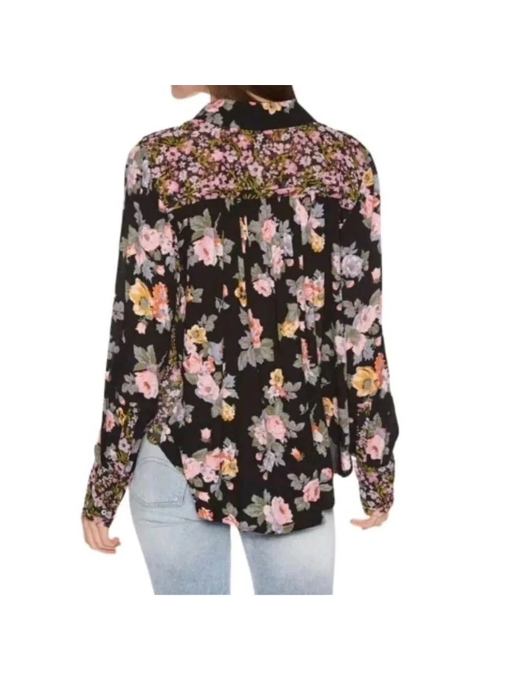 Free People Floral Button-Front Women's Blouse Black Pink & Yellow Flowers Small